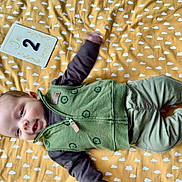 Augustin participe au concours pour gagner de l'argent avec cette photo : baby, infant, smiling, green_clothing, yellow_blanket, cloud_pattern, lying_down, card, two_months, happy, child, cute, portrait, indoors, soft_texture, young, raising_arm, casual_wear, vest, pants