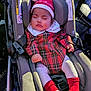 Xenia is registered to the contest to win money with this photo: baby, buckle, car_seat, child, christmas_hat, closeup, cozy, cute, festive, holiday, infant, newborn, peaceful, plaid_dress, portrait, red_socks, seatbelt, sleeping, stroller, tights
