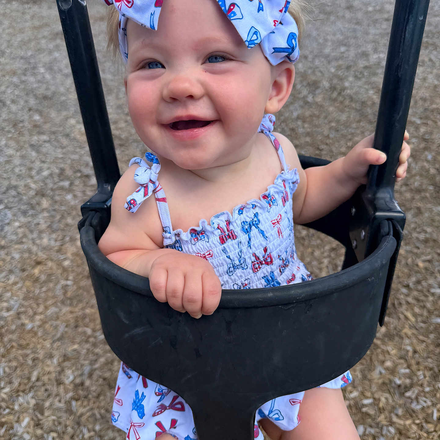 Daisy joined the competition — help win amazing prizes! toddler, child, swing, playground, headband, bow, dress, smile, happy, outdoor, person, blue_eyes, clothing, summer, fun, baby, park, play, seat, infant