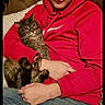 young_man, tabby_cat, red_hoodie, jeans, sitting, couch, indoor, relaxed_cat, casual_clothing, watch, brown_furniture, pillow, side_table, cup, portrait, pet, human, looking_at_camera, smirk, cozy
