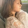 Cora is registered to the contest to win money with this photo: child, girl, profile, car_interior, lace, long_hair, side_view, window, seat, clothing, portrait, young, natural_light, serene, casual, sitting, texture, fabric, face, person