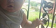 Leah joined the competition — help win amazing prizes! baby, child, infant, white_tank_top, blue_shorts, face, arm, hand, wrought_iron_gate, outdoor, porch, daylight, curious, expression, window_screen, background, greenery, brick_path, person, closeup