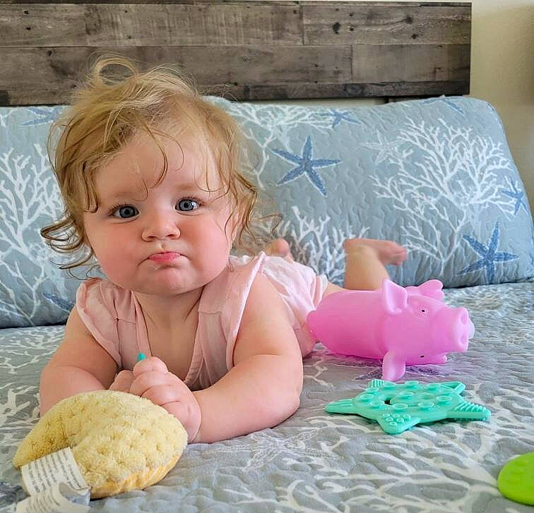 Sloane joined the competition — help win amazing prizes! baby, baby_playing_with_toys, baby_products, baby_toddler_clothing, child, crawling, finger, foot, fun, hand, mammal, nail, person, play, room, sitting, skin, thumb, toddler, toy