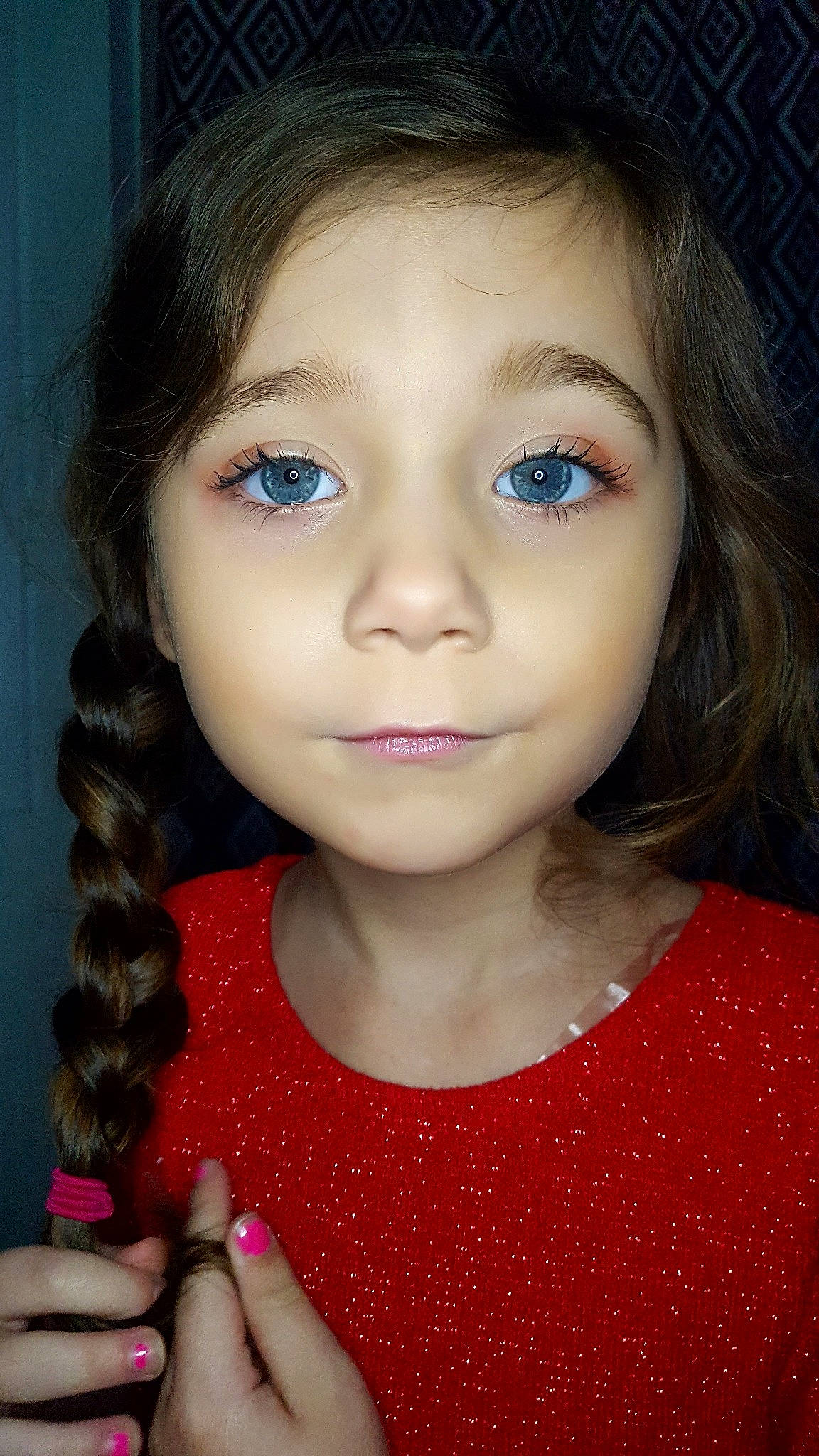 Adelyn is registered to the contest to win money with this photo: beauty, brown_hair, cheek, child_model, chin, doll, eye, eyebrow, eyelash, face, forehead, hair, hairstyle, head, iris, lip, long_hair, material_property, nose, person