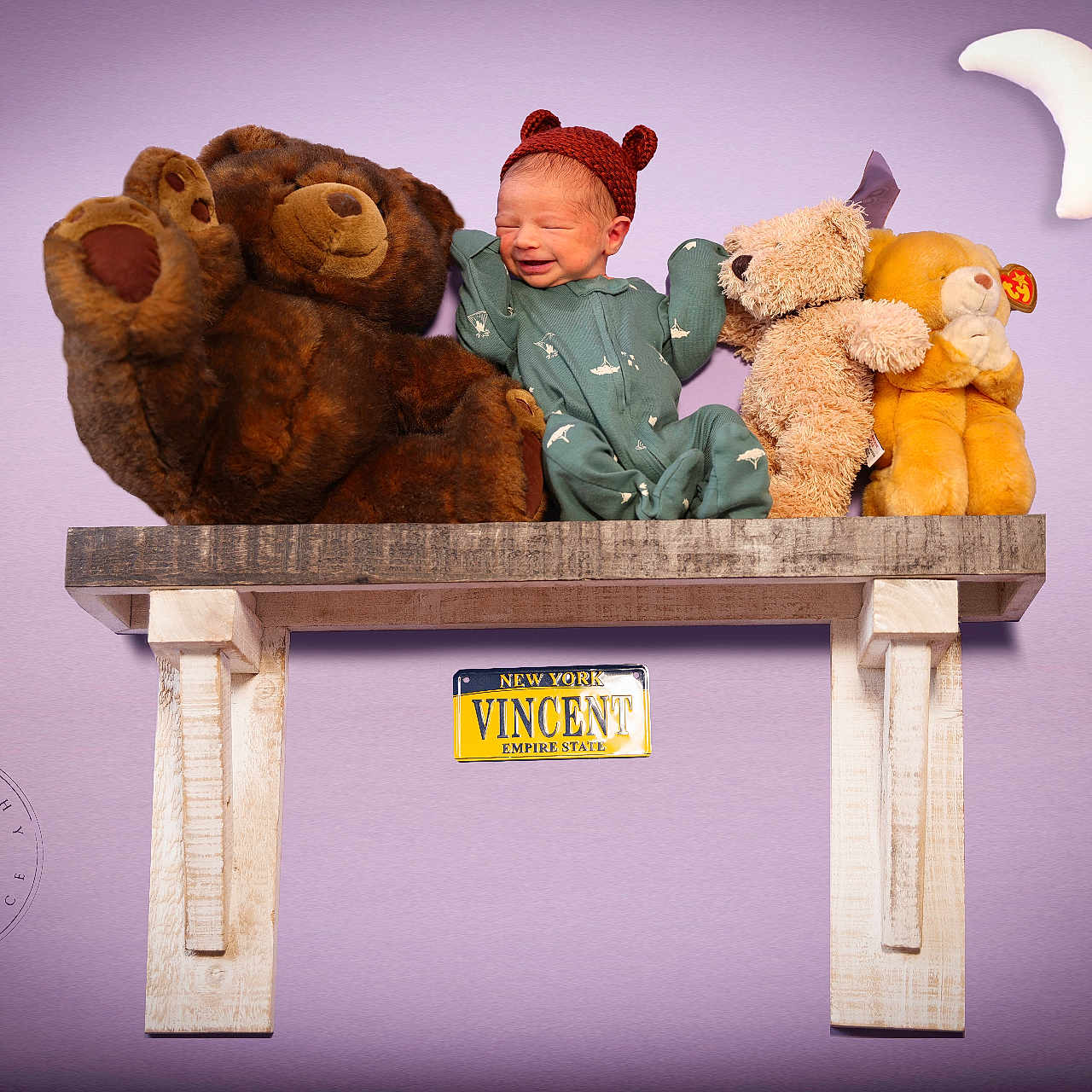 Vincent is registered to the contest to win money with this photo: baby, bed, bench, clothing, couch, crib, face, figurine, furniture, hat, head, homedecor, person, photography, plush, portrait, shelf, table, teddybear, toy