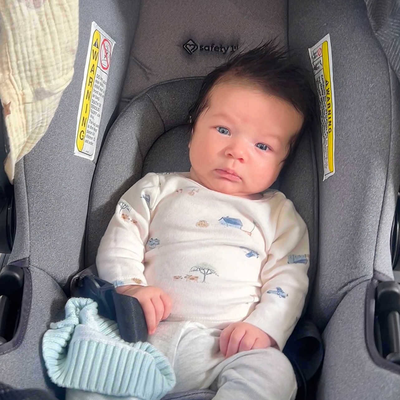 Lían Steven is registered to the contest to win money with this photo: baby, blue_eyes, car_seat, child, clothing, comfort, cute, expression, face, hair, hands, indoor, infant, knit_hat, newborn, person, portrait, safety, seatbelt, white_outfit