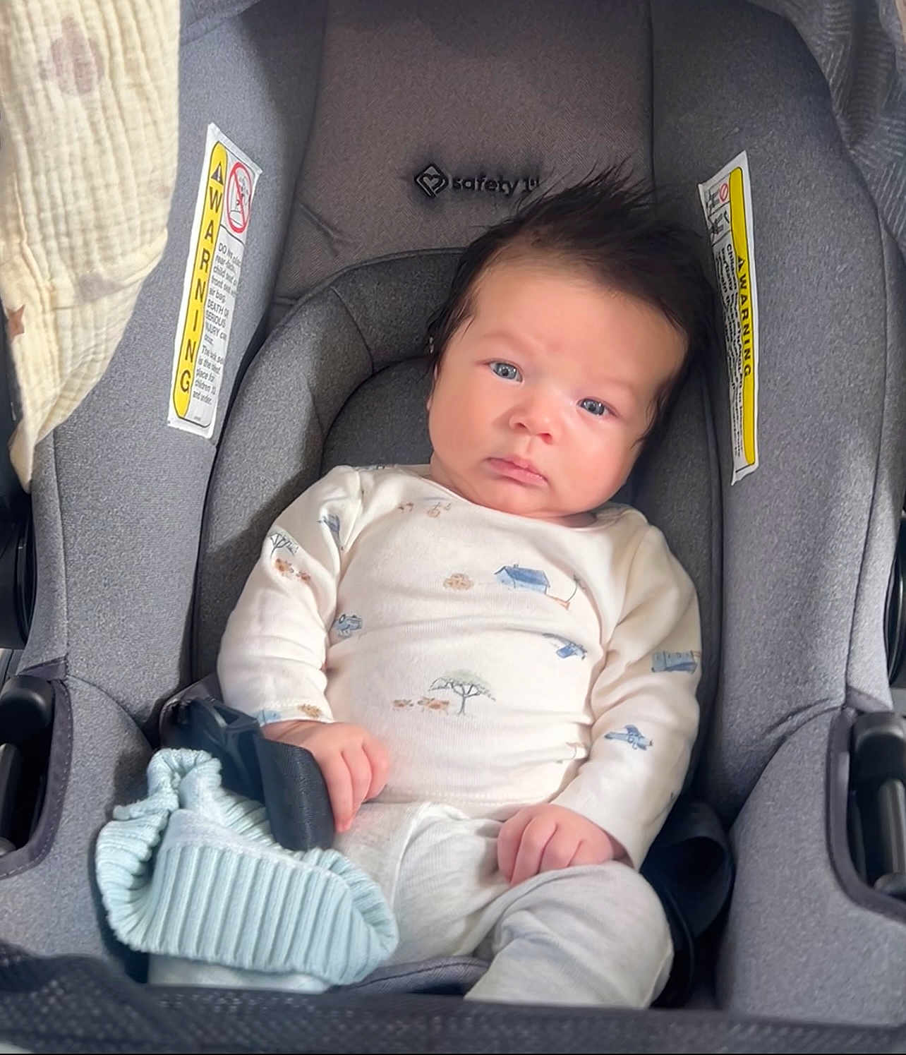 Lían Steven is registered to the contest to win money with this photo: baby, infant, car_seat, blue_eyes, white_outfit, knit_hat, hands, face, hair, indoor, child, clothing, seatbelt, expression, person, newborn, cute, comfort, safety, portrait