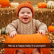Hudsen is registered to the contest to win money with this photo: baby, child, infant, smiling, happy, pumpkin, autumn, fall, outdoor, portrait, knit_hat, sweater, socks, leaves, hay_bale, farm, halloween, seasonal, snapchat, text_overlay