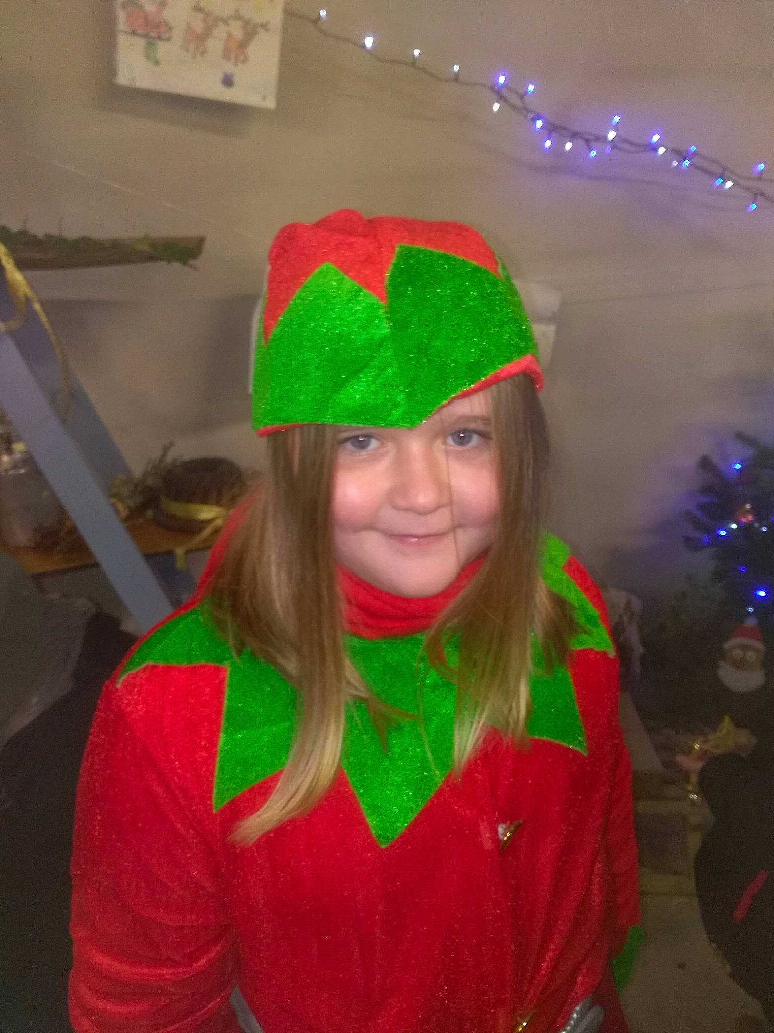 Mélinda participe au concours pour gagner de l'argent avec cette photo : bonnet, christmas, christmas_decoration, christmas_eve, christmas_lights, costume, costume_accessory, costume_hat, fictional_character, green, headgear, headwear, holiday, joy, person, picture_frame, pleased, sweater, winter