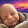 baby, blanket, sleeping, smiling, face, infant, wrapped, soft, cozy, peaceful, portrait, closeup, newborn, head, skin, expression, comfort, warm, background, scenery