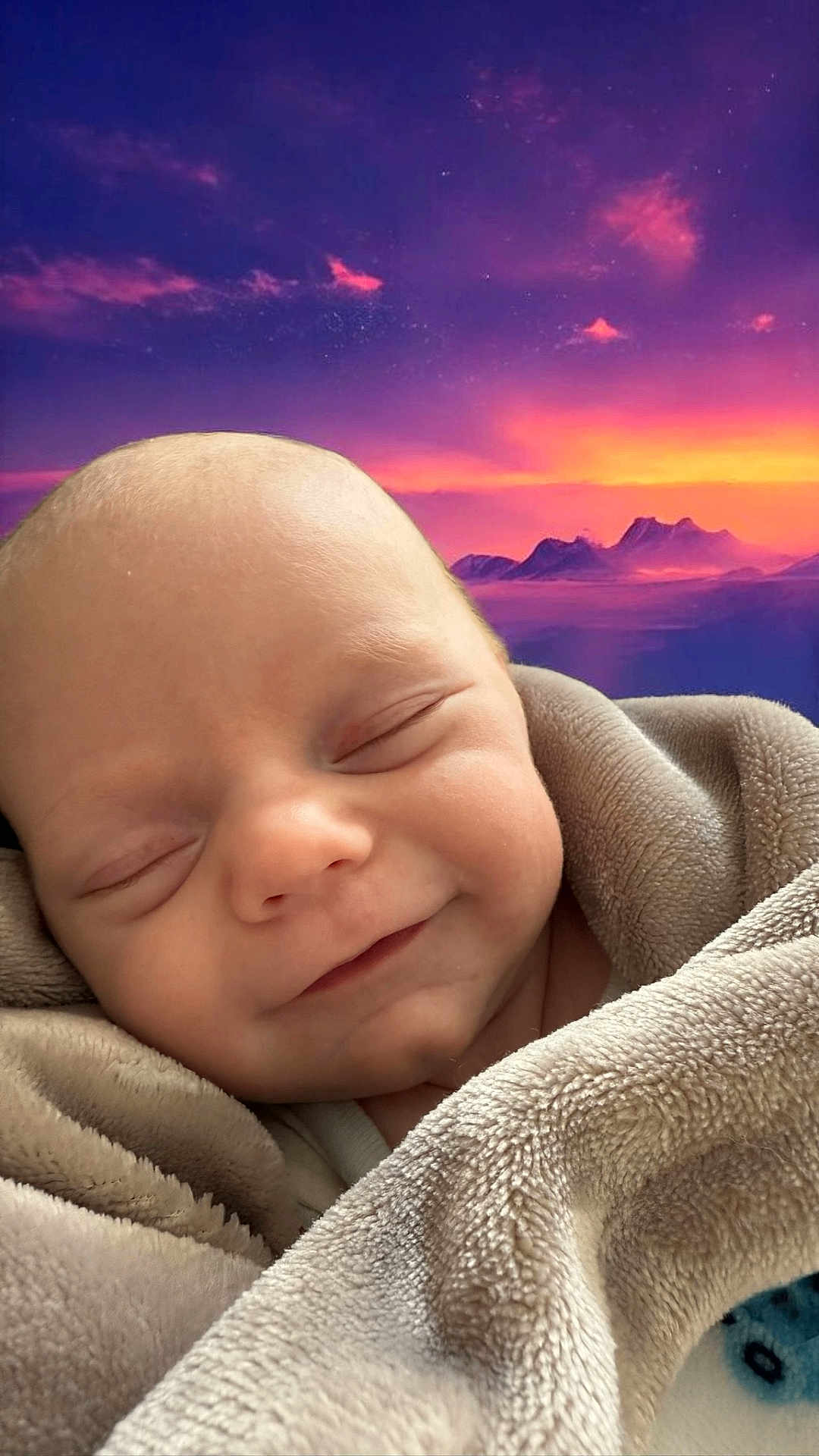 Kaanan joined the competition — help win amazing prizes! baby, blanket, sleeping, smiling, face, infant, wrapped, soft, cozy, peaceful, portrait, closeup, newborn, head, skin, expression, comfort, warm, background, scenery