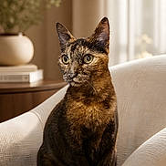 Bianca a rejoint le concours — aidez-le/la à gagner de superbes lots ! animal, blurred_background, cat, chair, closeup, cozy, curious, domestic, ears, eyes, feline, fur, home, indoor, pet, portrait, potted_plant, sitting, tortoiseshell, whiskers
