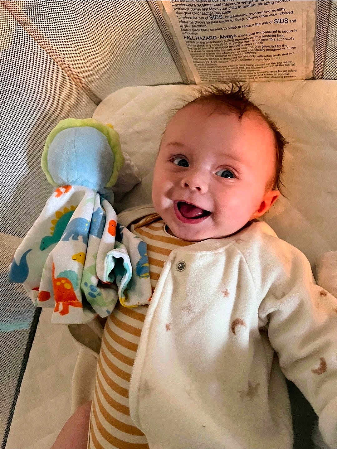 Alexander joined the competition — help win amazing prizes! baby, infant, smiling, happy, crib, bassinet, blanket, plush_toy, security_blanket, toy, onesie, striped_onesie, hair, face, eyes, open_mouth, mattress, mesh_side, sleepwear, portrait