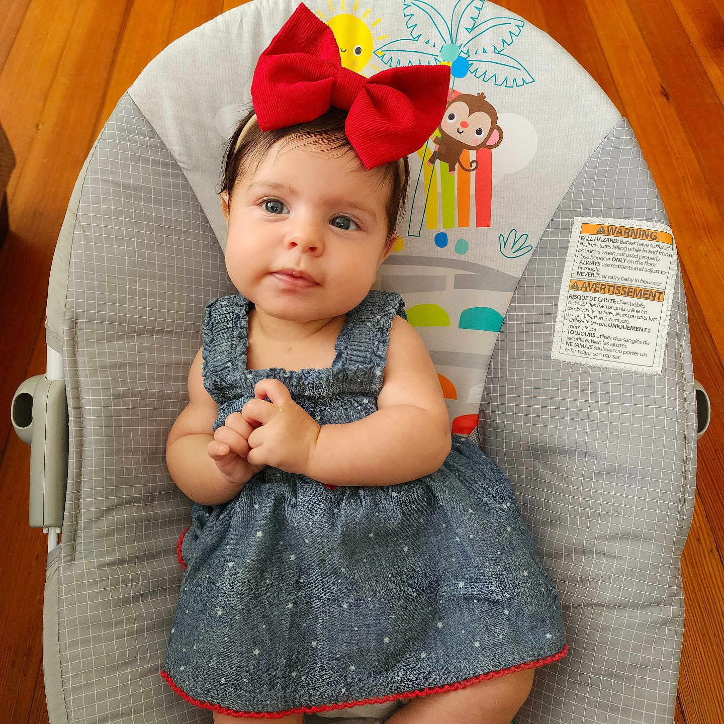 Isadora joined the competition — help win amazing prizes! baby, child, bow, red_bow, dress, blue_dress, baby_rocker, face, hands, socks, floor, wood_floor, indoor, cute, infant, portrait, smile, person, seated, colorful
