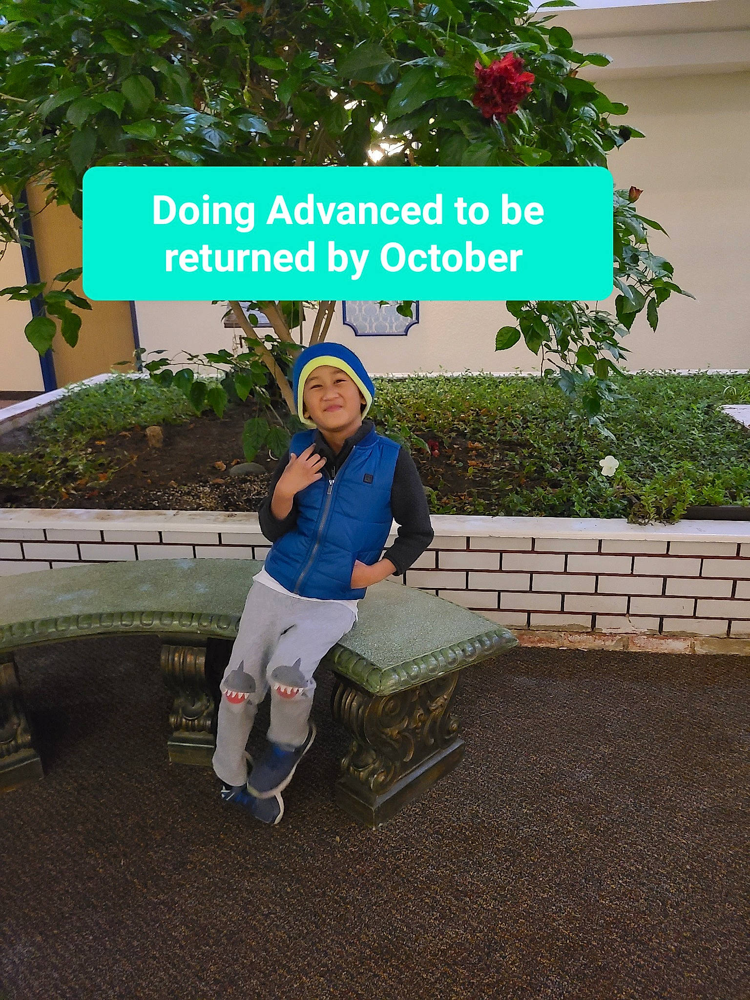 John is registered to the contest to win money with this photo: bag, beauty, bench, botany, fun, garden, grass, headwear, lawn, leisure, luggage_and_bags, person, plant, public_space, recreation, road, shrub, signage, smile, spring