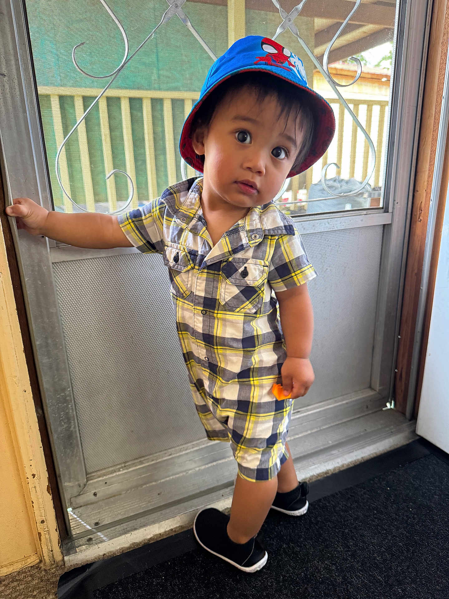 Kym is registered to the contest to win money with this photo: black_shoes, blue_hat, child, curious, door_frame, expression, footwear, hand, holding, indoor, orange_object, plaid_clothing, romper, screen, screen_door, spiderman, standing, toddler, window, young_child