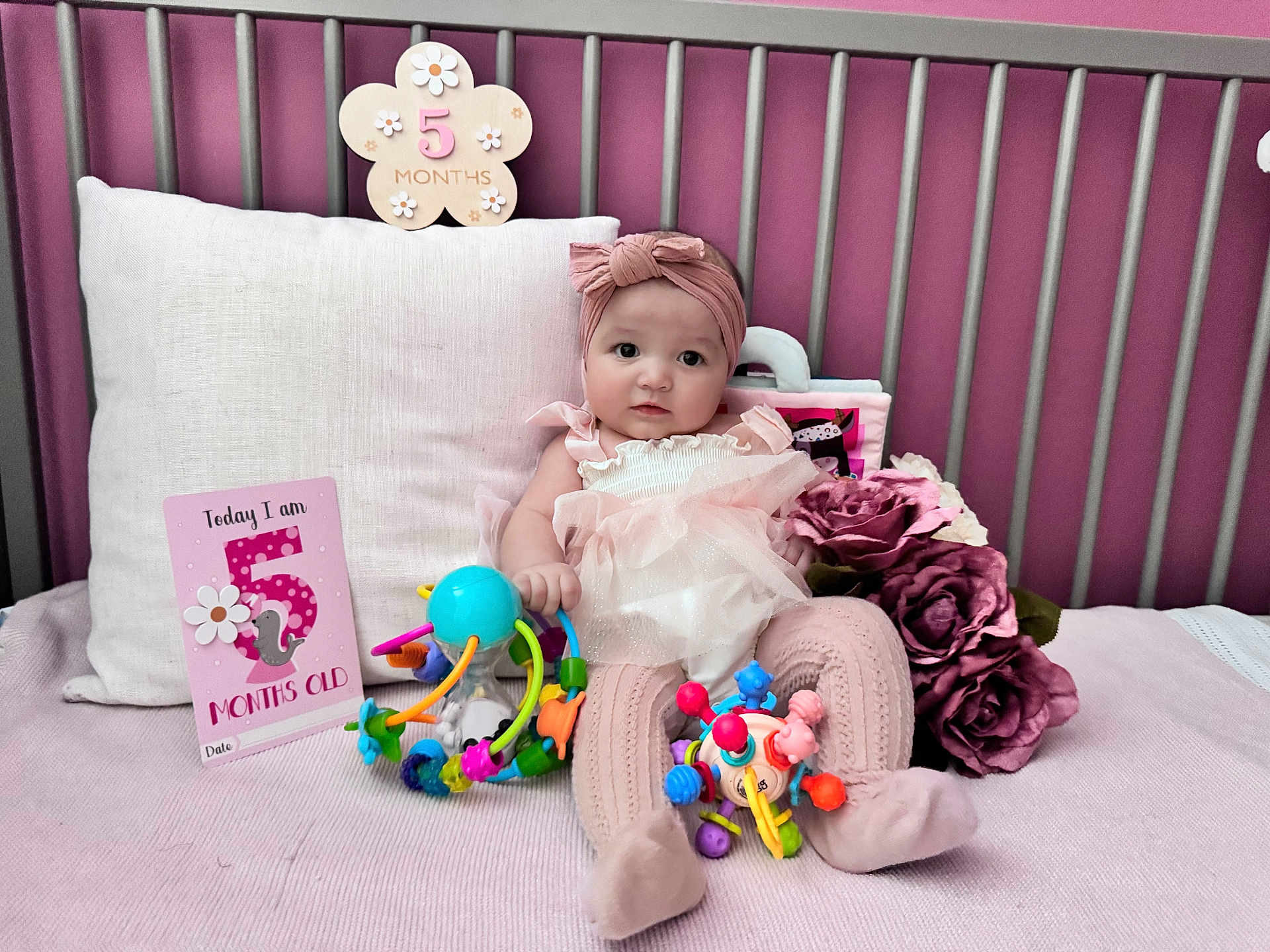 Mykha is registered to the contest to win money with this photo: baby, infant, girl, crib, pink, toys, flowers, milestone_card, headband, clothing, sitting, cute, portrait, soft_toys, pillow, blanket, indoor, child, face, decor