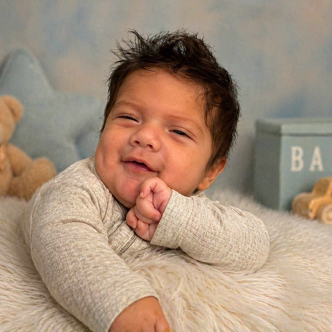David is registered to the contest to win money with this photo: baby, infant, smiling, cute, teddy_bear, toy_car, fluffy_blanket, nursery, soft_lighting, portrait, child, indoors, cozy, happy, person, cute_expression, small_hands, warm_colors, background_objects, relaxed