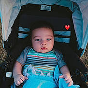 Elyo participe au concours pour gagner de l'argent avec cette photo : baby, stroller, blanket, outdoor, child, infant, blue, heart_emoji, grass, clothing, cute, portrait, person, young_child, seat, comfort, relaxing, babywear, head, face