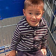 Maël a rejoint le concours — aidez-le/la à gagner de superbes lots ! child, shopping_cart, striped_hoodie, pacifier, outdoor, parking_lot, sunlight, shadow, metal_bars, casual_clothing, young_boy, person, seat, hand, face, head, short_hair, daylight, toy, retail