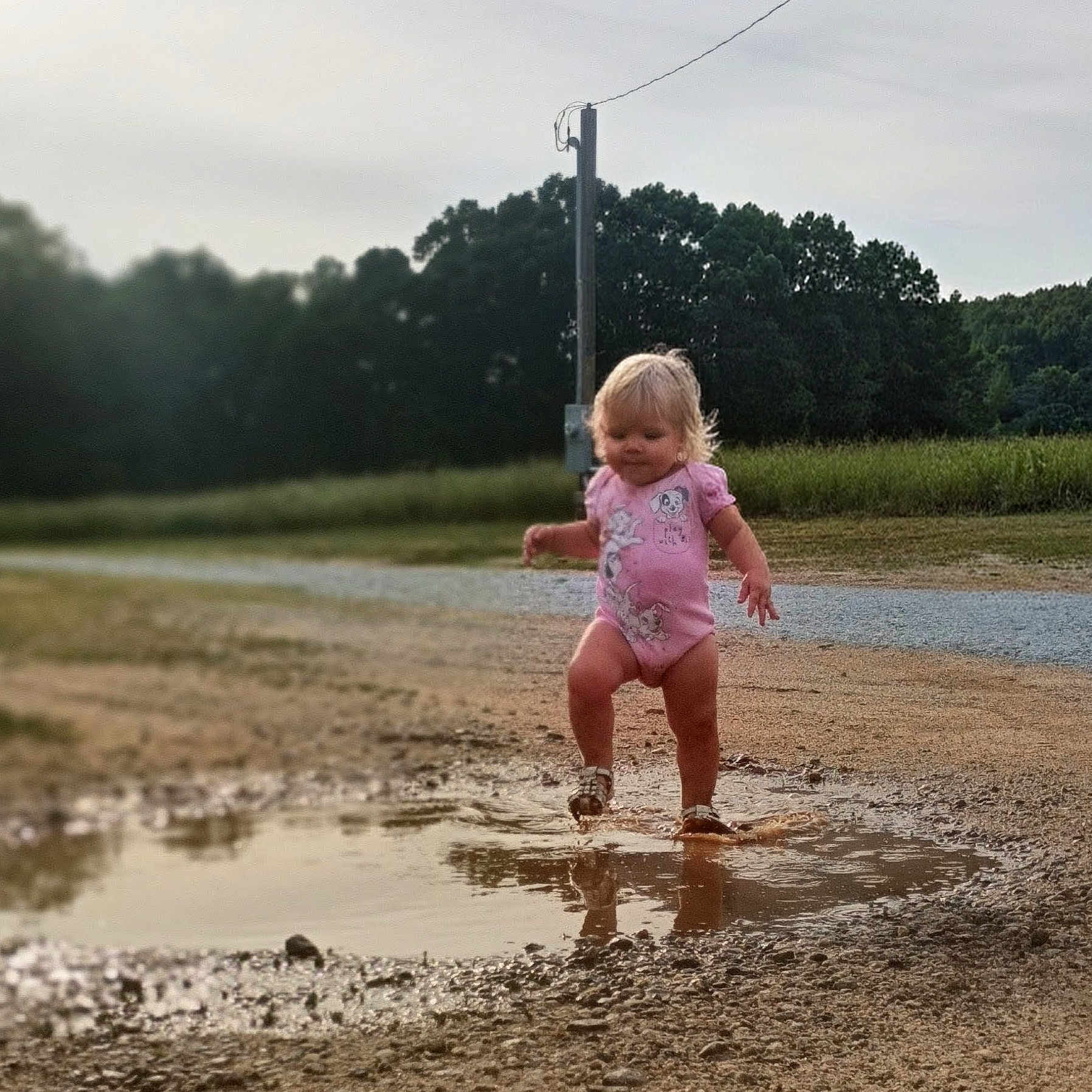 Emma is registered to the contest to win money with this photo: child, toddler, puddle, mud, splashing, pink_onesie, outdoor, dirt_path, grass, trees, nature, playing, happy, shoes, reflection, daylight, sky, field, casual, summer