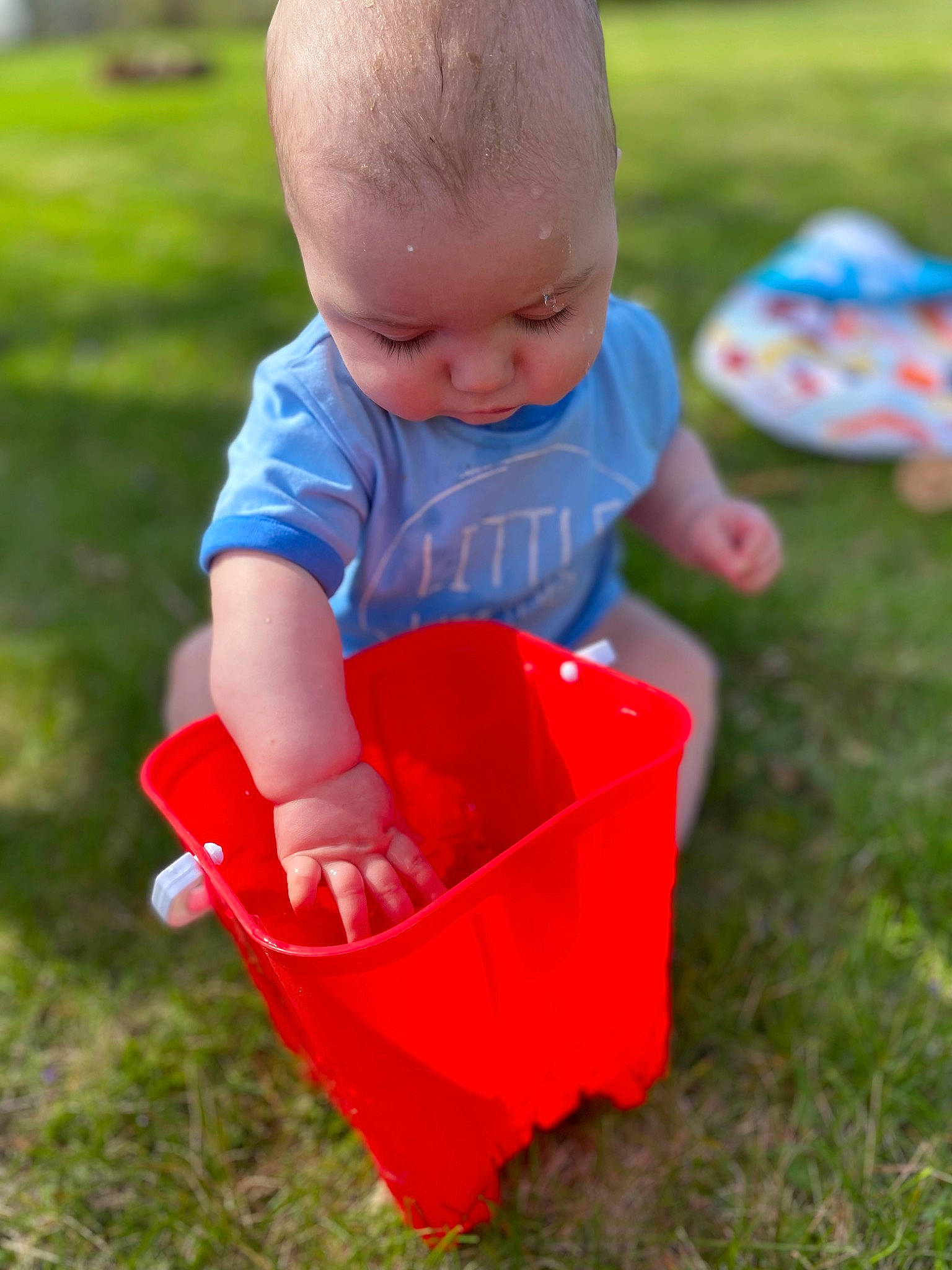 Judah is registered to the contest to win money with this photo: baby, baby_products, baby_toddler_clothing, child, crawling, fun, garden, grass, grass_family, happy, lawn, leisure, outdoor_play_equipment, people_in_nature, person, play, recreation, sitting, t_shirt, toddler
