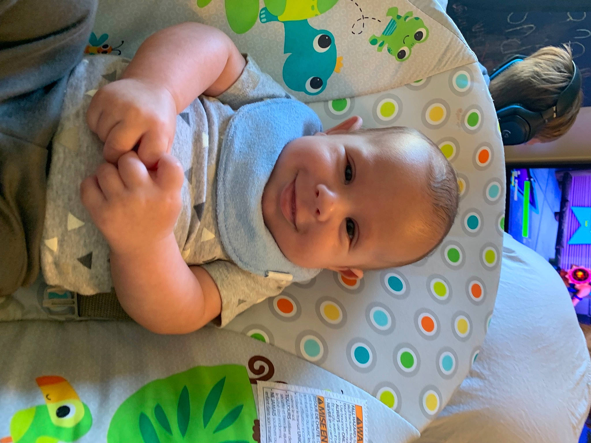Jaylen joined the competition — help win amazing prizes! arm, baby, baby_products, baby_toddler_clothing, blue, cheek, child, finger, fun, green, happy, joy, mouth, pattern, person, play, product, room, skin, smile