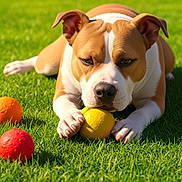 Babygirl is registered to the contest to win money with this photo: dog, grass, ball, yellow_ball, orange_ball, red_ball, outdoor, pet, playing, animal, sunlight, canine, paw, close_up, summer, daylight, toy, resting, brown_and_white, nature