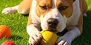 Babygirl is registered to the contest to win money with this photo: animal, ball, brown_and_white, canine, close_up, daylight, dog, grass, nature, orange_ball, outdoor, paw, pet, playing, red_ball, resting, summer, sunlight, toy, yellow_ball