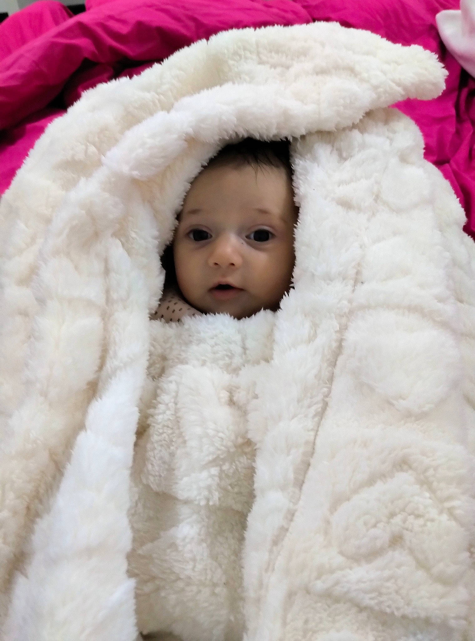 Diane a rejoint le concours — aidez-le/la à gagner de superbes lots ! baby, baby_toddler_clothing, cheek, comfort, eye, eyebrow, eyelash, face, freezing, fur, fur_clothing, head, headgear, linens, natural_material, nose, person, sleeve, toddler, white
