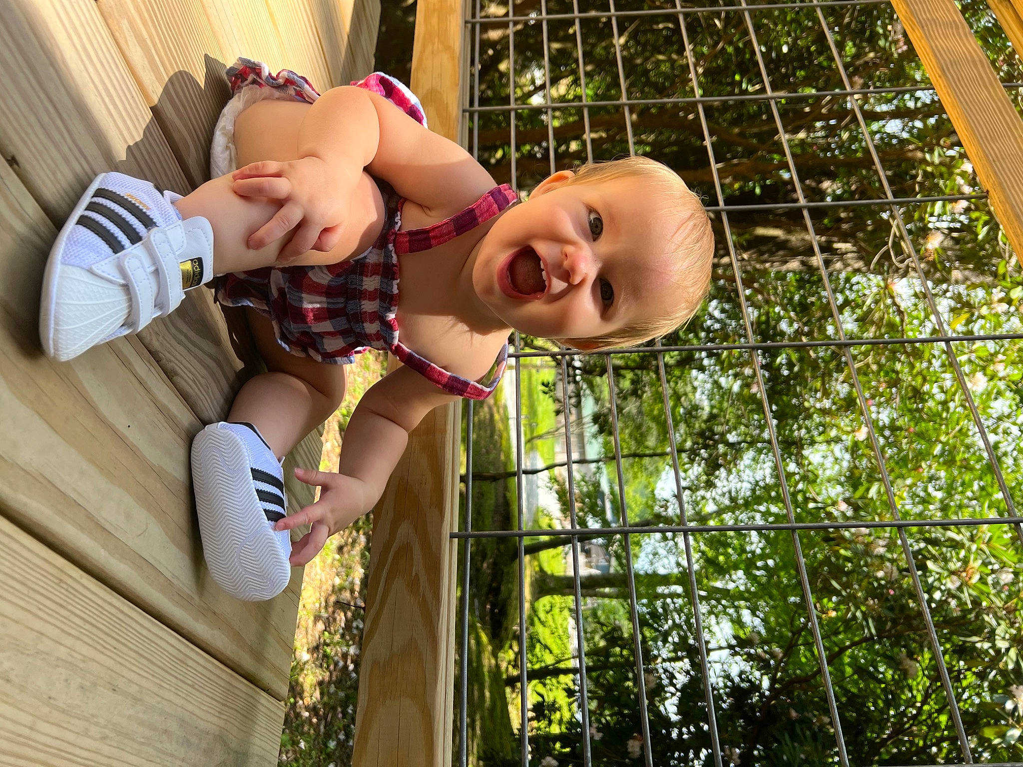 Emilia is registered to the contest to win money with this photo: child, fence, fun, grass, hand, happy, human_leg, leisure, mesh, outdoor_play_equipment, people_in_nature, person, plant, recreation, shorts, smile, sunglasses, t_shirt, toddler, tree