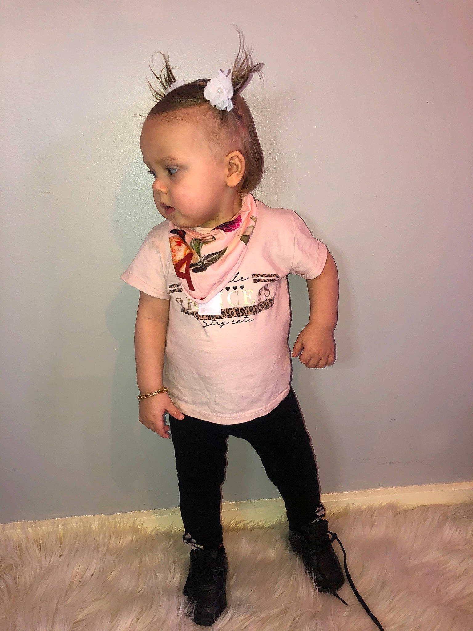 Kendal is registered to the contest to win money with this photo: child, child_model, costume, ear, fashion_accessory, fawn, hair_accessory, hairstyle, head, joint, leggings, person, pink, sleeve, standing, t_shirt, toddler
