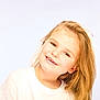 child, smiling, blonde_hair, white_tshirt, portrait, head_tilt, happy, face, person, cute, young, studio_light, innocent, teeth, hair, light_background, childhood, casual_clothing, closeup, joyful