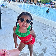 Kaidence joined the competition — help win amazing prizes! child, girl, swimsuit, sunglasses, heart_shaped, poolside, water, fountains, wet, summer, playful, outdoor, people, concrete, water_splash, braids, smiling, vacation, fun, recreation
