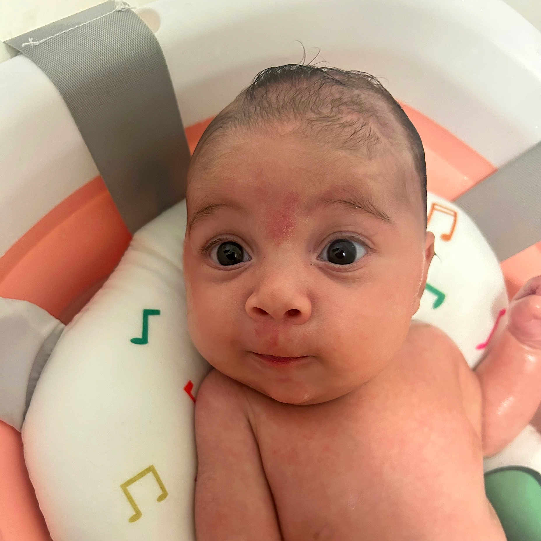 Ellie Hazel joined the competition — help win amazing prizes! baby, bath, child, closeup, curious, cute, expression, eyes, face, head, indoors, infant, musical_notes, newborn, pale, relaxing, seat, skin, soft, water