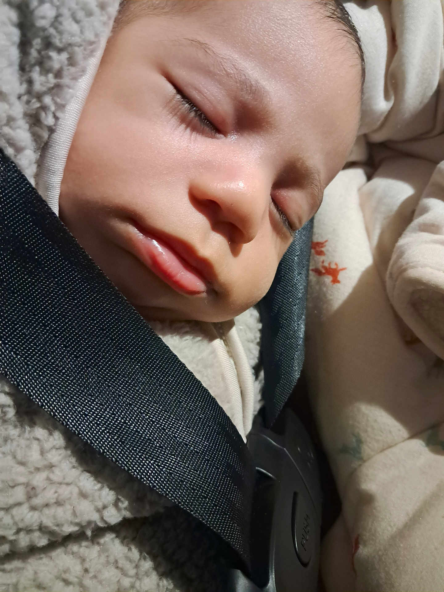 Elias joined the competition — help win amazing prizes! baby, sleeping, face, car_seat, blanket, clothing, child, closeup, peaceful, infant, safety_belt, soft_texture, resting, cute, young_child, indoors, portrait, comfort, nap, warm