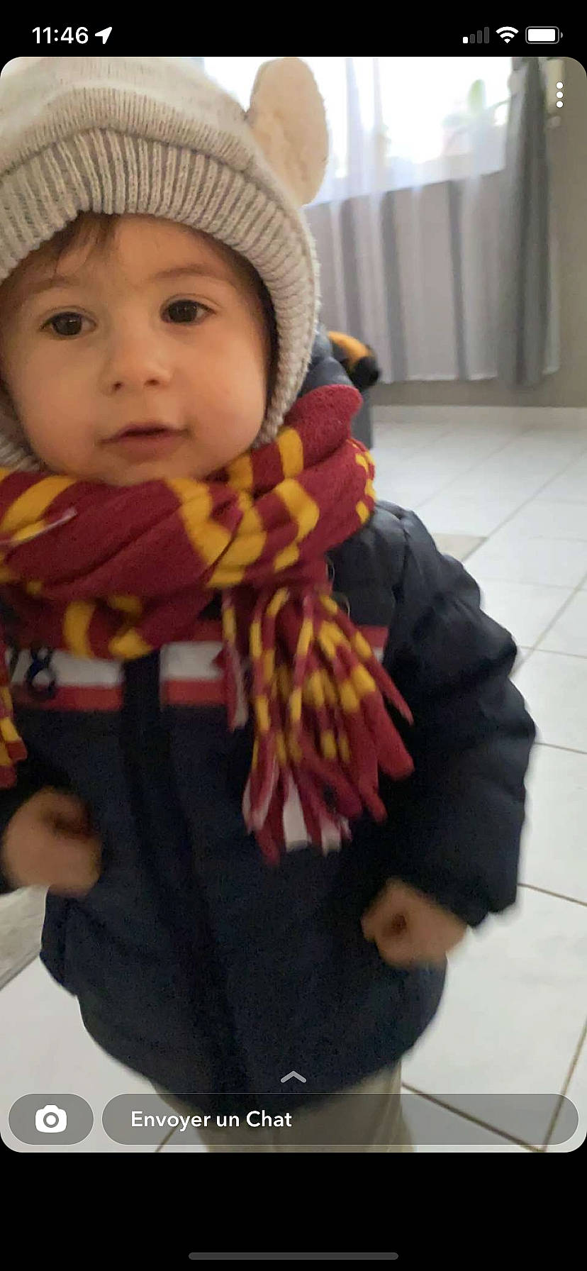 Wyatt a rejoint le concours — aidez-le/la à gagner de superbes lots ! art, baby, cap, eye, face, glove, headwear, human_body, jacket, lip, neck, pattern, person, photograph, plaid, scarf, shawl, stole, toddler, tree
