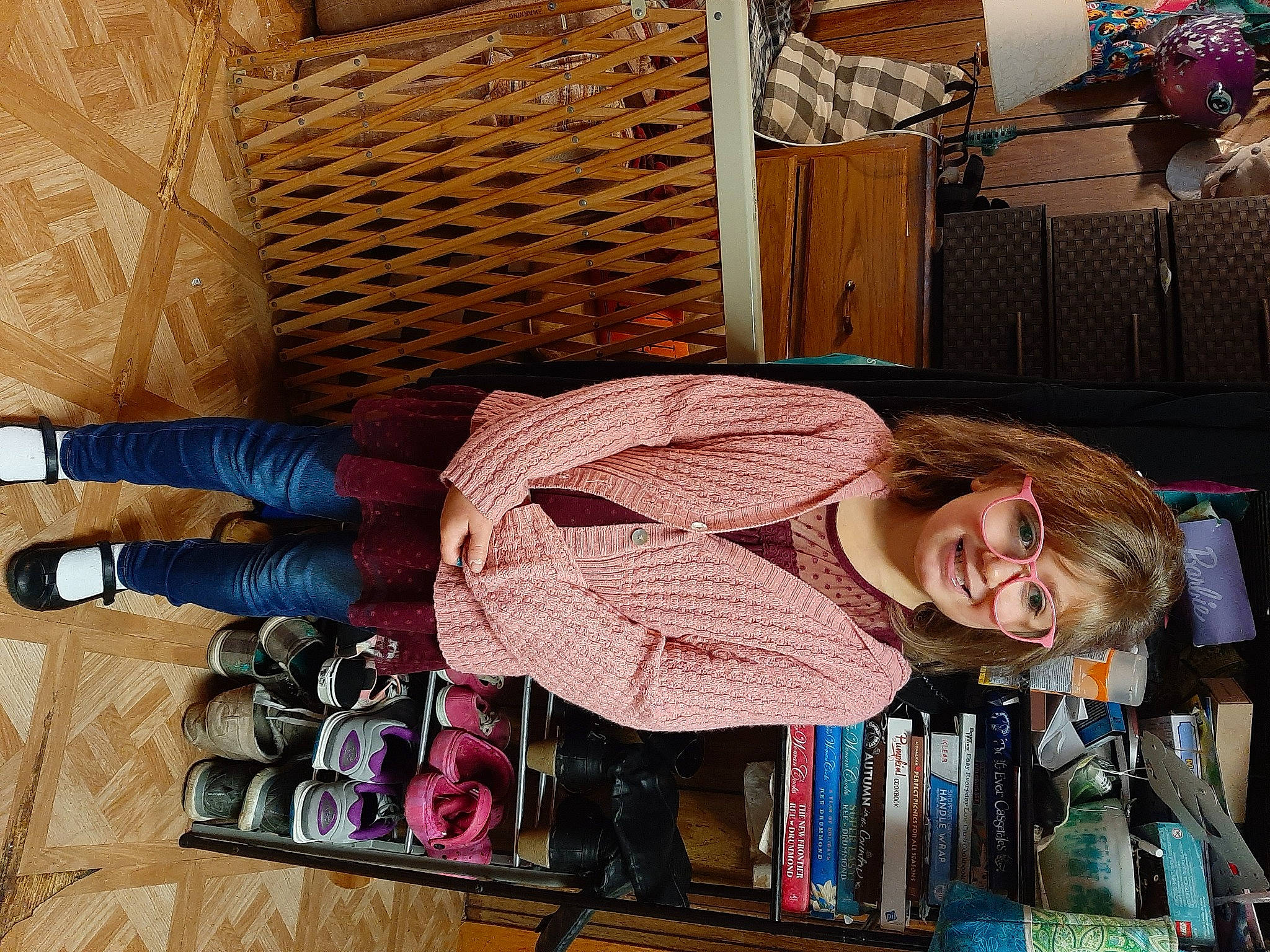 Madelynn joined the competition — help win amazing prizes! denim, event, eyewear, fashion_accessory, flooring, fun, hardwood, holiday, joy, pattern, person, room, shelving, thread, wood, wool, woolen