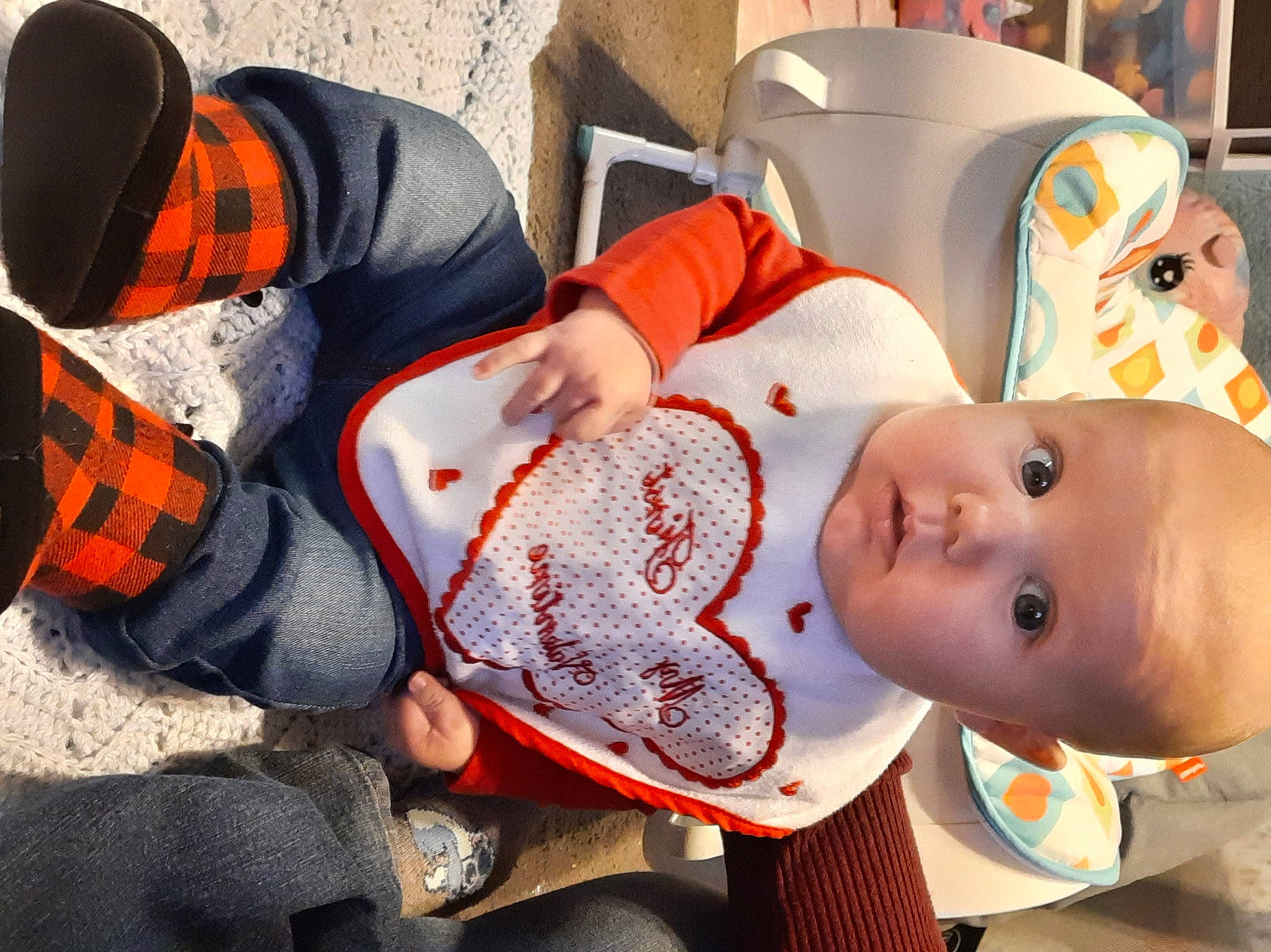 Elias joined the competition — help win amazing prizes! baby, baby_products, baby_toddler_clothing, chair, child, comfort, costume, costume_hat, eye, fashion_accessory, fun, hat, headgear, orange, pattern, person, plaid, room, sitting, textile