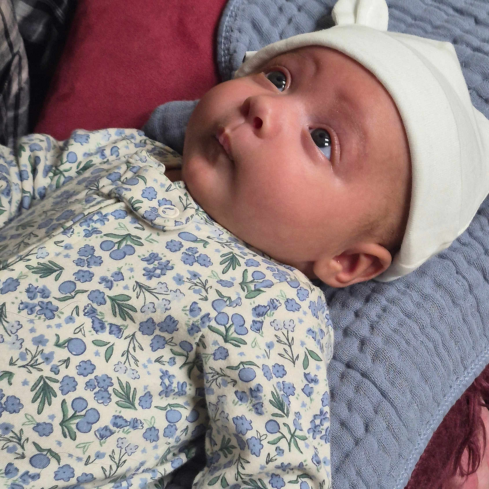 Kateri is registered to the contest to win money with this photo: baby, infant, child, portrait, face, eyes, wide_eyed, hat, white_hat, floral_clothing, onesie, blanket, blue_blanket, lying_down, indoor, close_up, head, person, cozy, photography