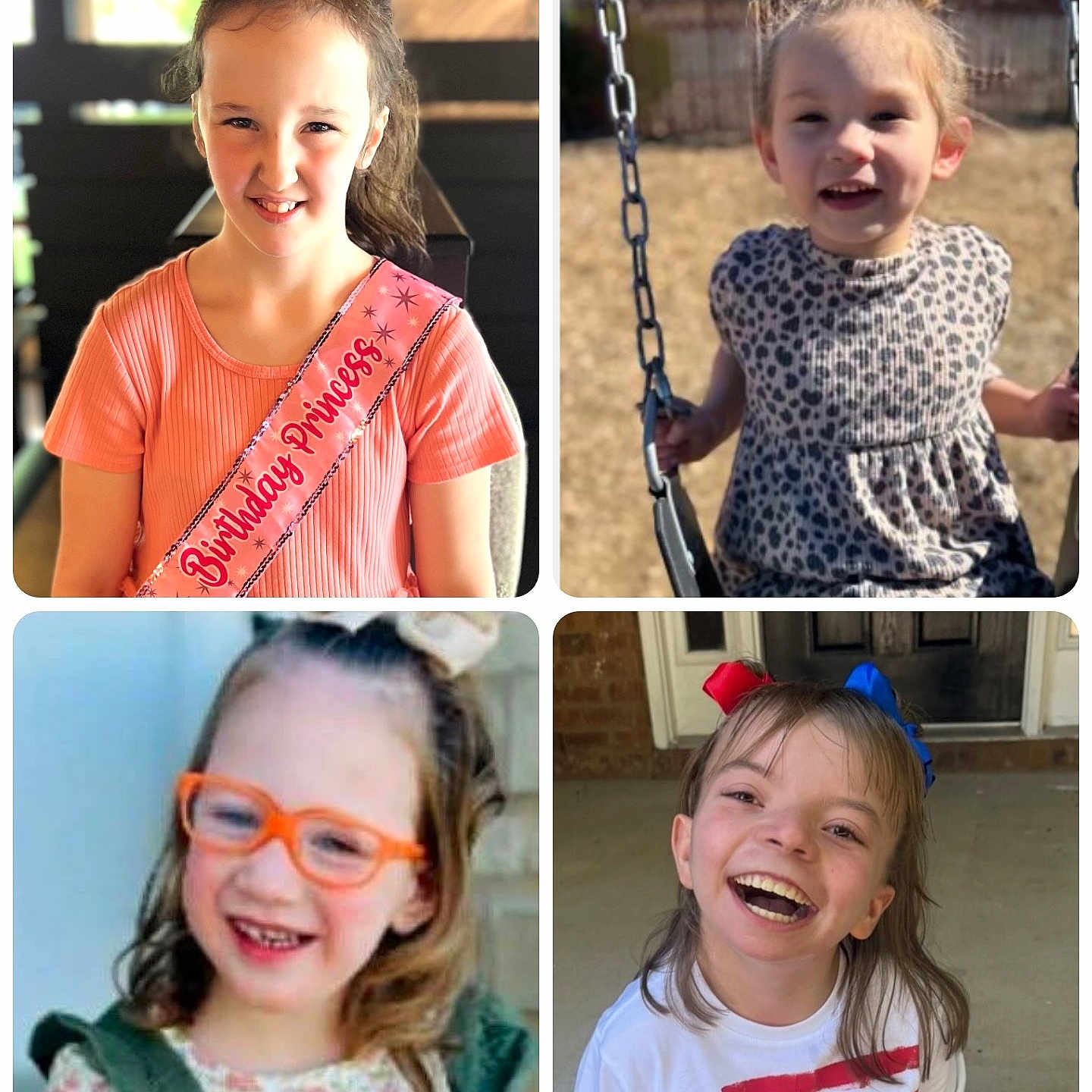 Annmarie is registered to the contest to win money with this photo: birthday, candid, casual_clothing, child, daylight, face, fun, girl, glasses, hair_bow, happy, joy, outdoor, person, play, portrait, sash, smile, swing, young
