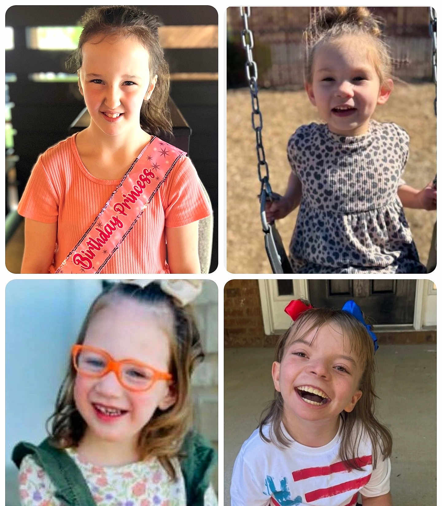 Annmarie is registered to the contest to win money with this photo: child, girl, smile, birthday, sash, swing, outdoor, glasses, hair_bow, happy, portrait, play, casual_clothing, young, face, person, daylight, fun, joy, candid