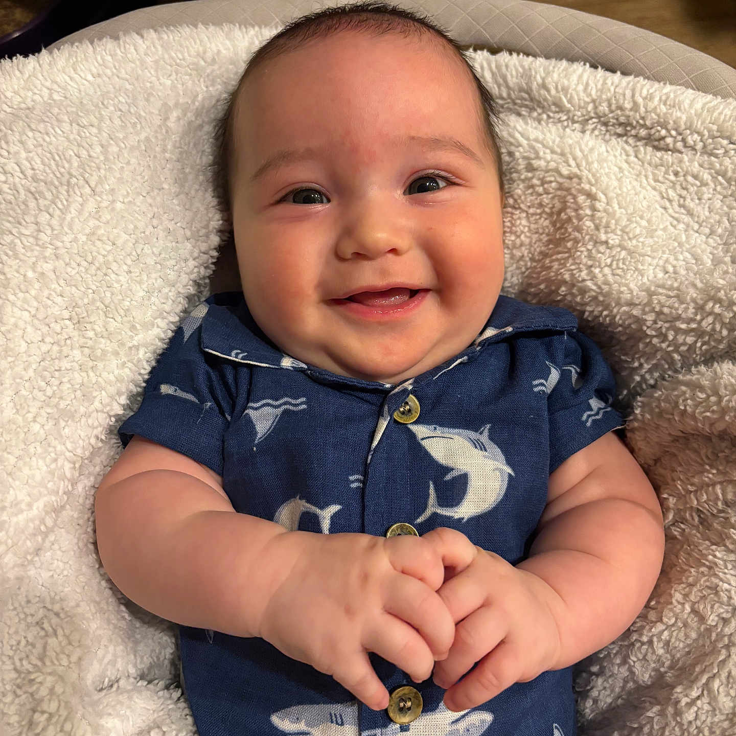 Ryan joined the competition — help win amazing prizes! baby, blanket, blue_onesie, buttoned_shirt, child, closeup, cozy, cute, face, hands, happy, indoors, infant, joyful, newborn, portrait, shark_pattern, skin, smiling, soft_texture