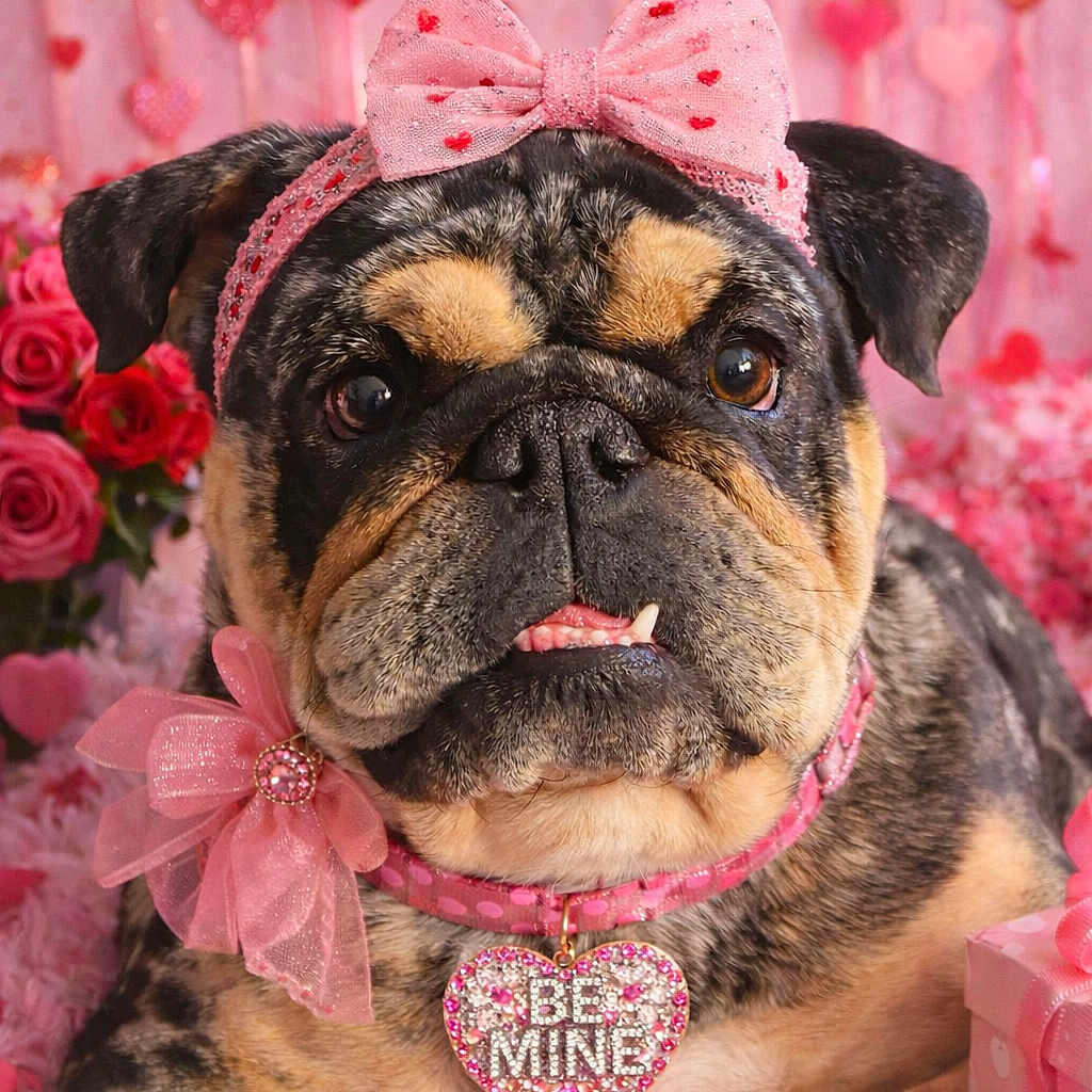 Celine Maxfield is registered to the contest to win money with this photo: adorable, animal, bow, bulldog, closeup, collar, cute, decorations, dog, flowers, fluffy, gift, heart, indoor, love, pet, pink, portrait, rose_petals, valentines_day