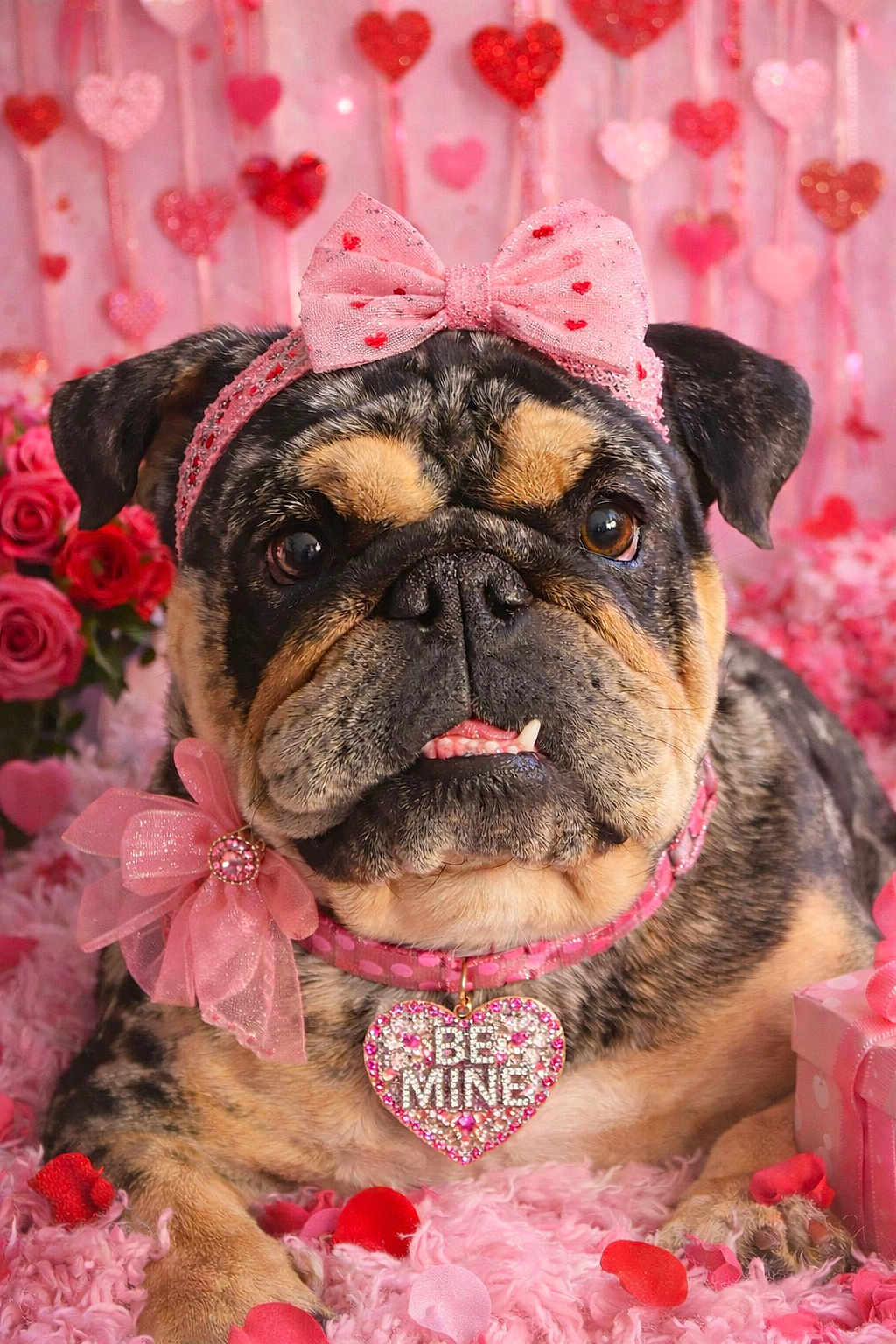 Celine Maxfield is registered to the contest to win money with this photo: bulldog, dog, pink, bow, heart, valentines_day, pet, portrait, flowers, decorations, gift, cute, animal, closeup, collar, rose_petals, fluffy, love, indoor, adorable