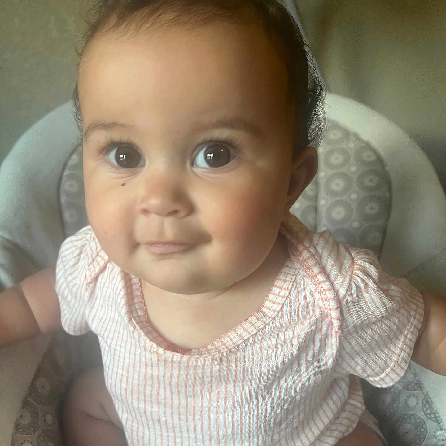 Summer Sage joined the competition — help win amazing prizes! arm, baby, child, clothing, cute, eyes, face, foot, hair, head, indoors, infant, patterned_chair, person, photography, sitting, skin, smile, striped_shirt, young_child