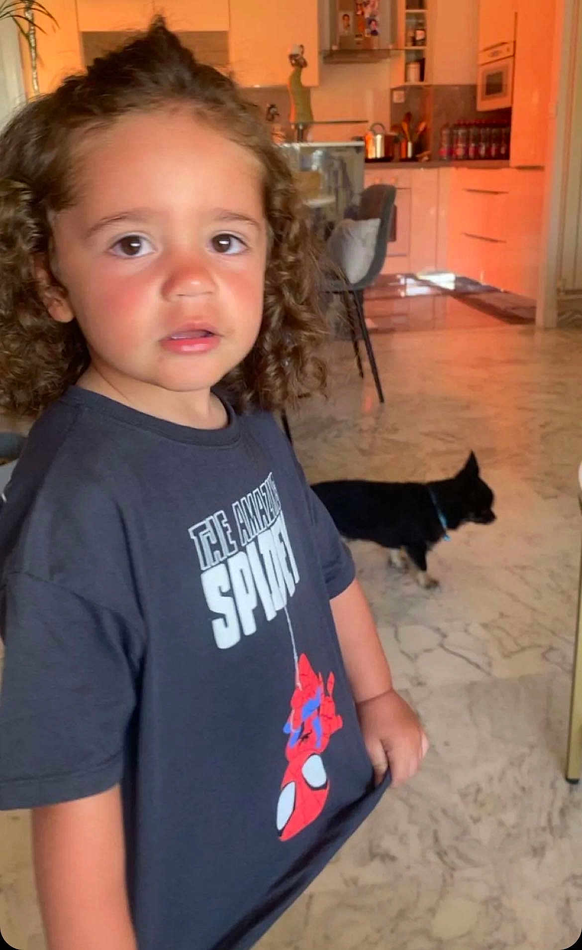 Ilan a rejoint le concours — aidez-le/la à gagner de superbes lots ! child, curly_hair, black_tshirt, spiderman, indoor, marble_floor, dog, black_dog, kitchen, chair, table, person, casual_clothing, young_child, curious_expression, home_interior, flooring, pet, animal, furniture