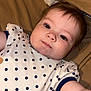 Ivee is registered to the contest to win money with this photo: baby, child, polka_dot, onesie, infant, face, arm, blanket, bed, lying_down, curious, cute, skin, eyelashes, hair, indoor, portrait, closeup, person, young