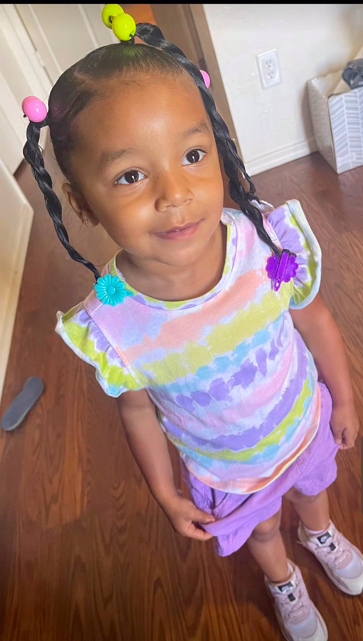 Nevaeh joined the competition — help win amazing prizes! baby_toddler_clothing, black_hair, cheek, chin, dress, eye, eyelash, face, hair, hairstyle, happy, head, joy, lip, neck, nose, person, pink, purple, skin