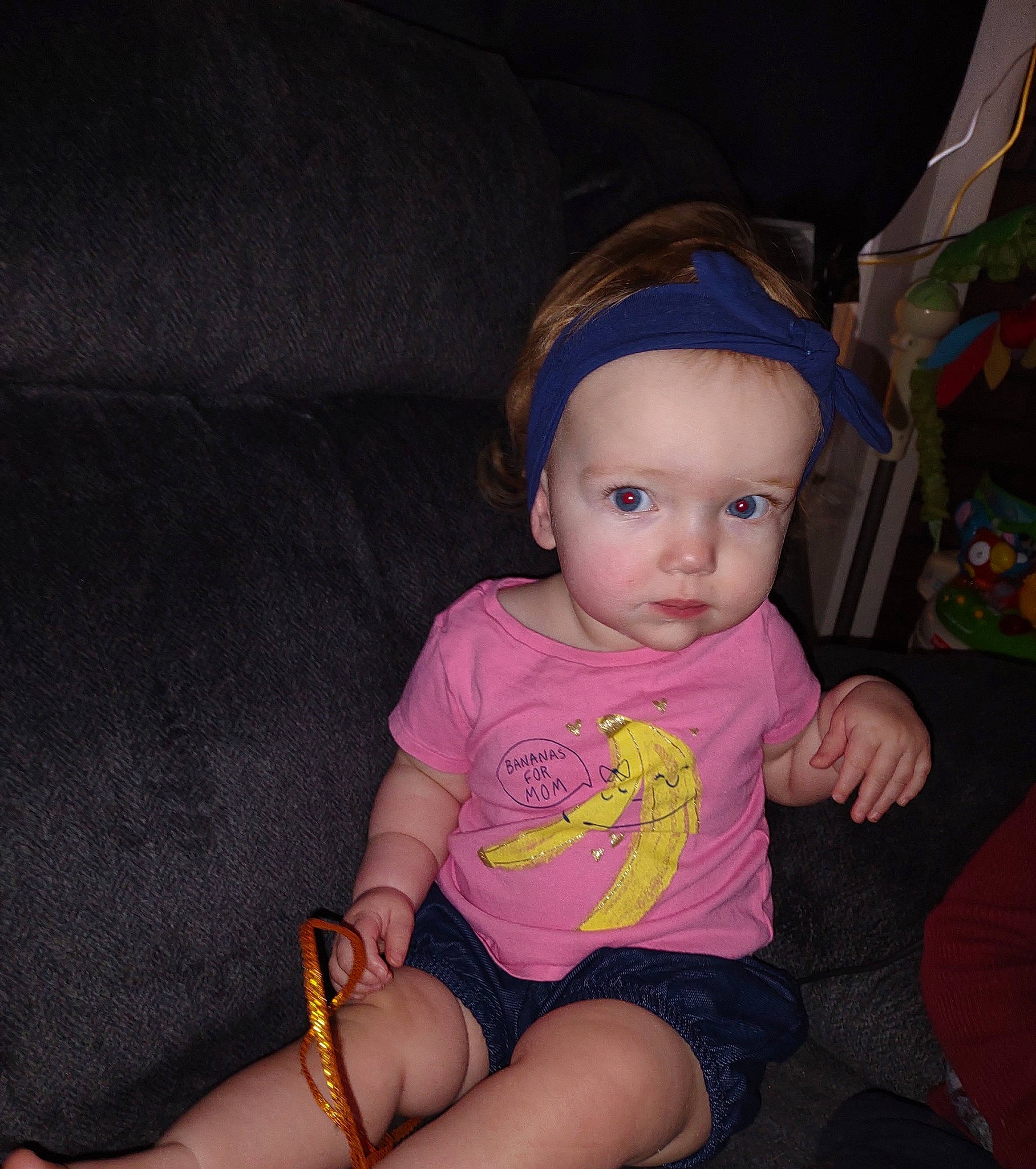 Riley joined the competition — help win amazing prizes! baby, baby_toddler_clothing, cheek, child, cool, couch, finger, fun, iris, knee, lap, mouth, neck, person, purple, skin, sleeve, sock, t_shirt, thigh